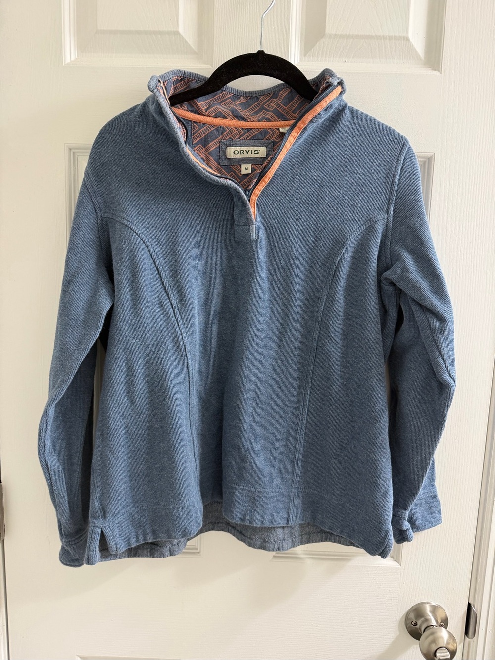 Orvis Women’s Slate Blue Half-Zip Sweater with Coral Trim Medium M